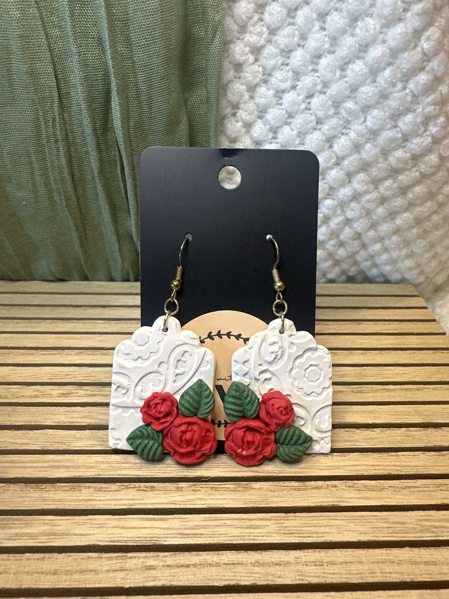 White Stamped Rose Dangles