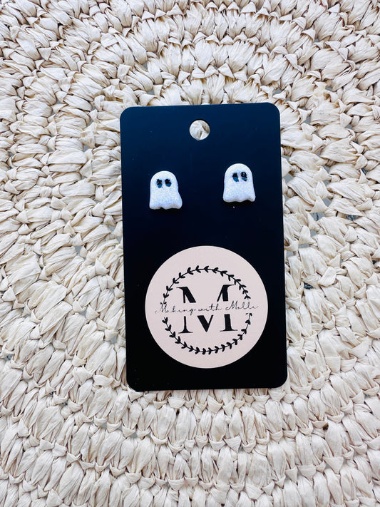 White Glitter Ghost Studs